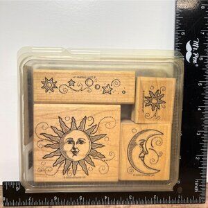 2000 STAMPIN' UP! Sun Moon & Stars Wood Mounted Rubber Stamp set of 4 Celestial